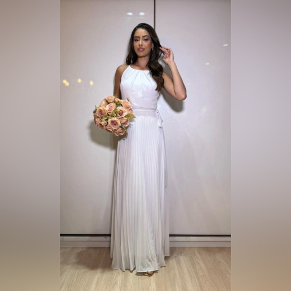 Elegant White Halter pleated Wedding Dress with pockets